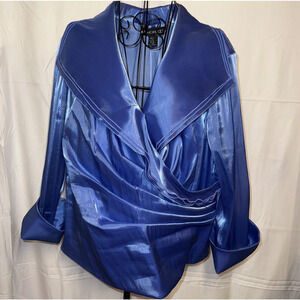 Cachet Royal Blue Metallic Faux Wrap Draped Blouse SZ 22W Shawl Collar Top